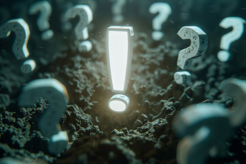A large exclamation mark in the center of an array of question marks