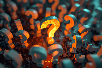 A large exclamation mark in the center of an array of question marks