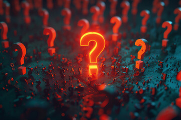 A large exclamation mark in the center of an array of question marks