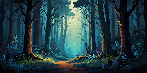 cartoon illustration blue forest wallpaper background whimsical fantasy