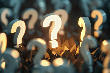A large exclamation mark in the center of an array of question marks