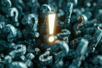 A large exclamation mark in the center of an array of question marks