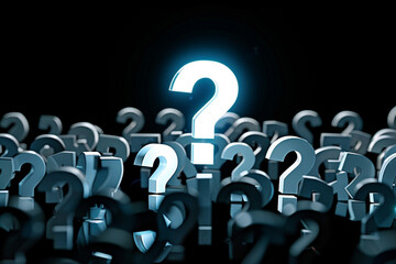 A large exclamation mark in the center of an array of question marks