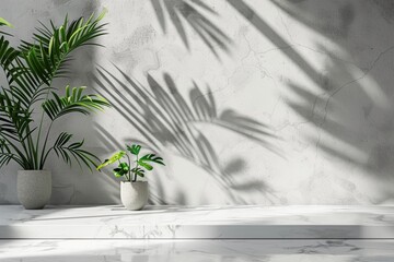 Minimal empty white stone countertop counter in sunlight, leaf foliage shadow on gray polished cement wall for luxury organic cosmetic