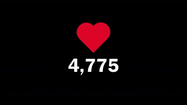 social media red heart likes animation, 10000 likes animation on black background, Floating red animation of social media likes adding up to 10k.