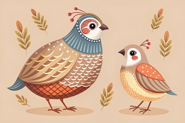Obraz premium Vector isolated illustration with cute partridge, quail in flat simple style on beige background. Children's bright color picture, hand-drawn print. A collection of cartoon kind, funny, smiling bird.