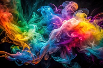 Fototapeta premium Vibrant, whispy tendrils of colored smoke twist and dance in mid-air, filling the frame with a mesmerizing, abstract display of swirly patterns and hues.