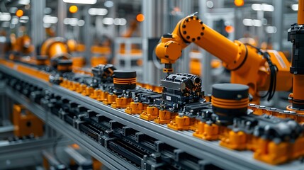 Fototapeta premium Mass production assembly line of electric vehicle battery cells close-up view 