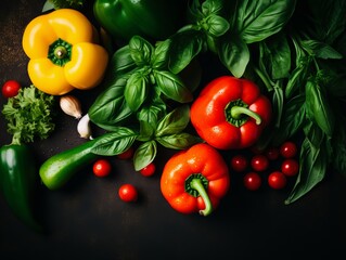 fresh vegetables on a black background including peppers tomatoes and basil