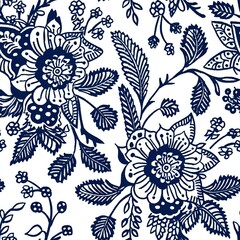 Botanical Inspired Grid Pattern with Blue, Green, and Pink Flowers