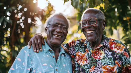 Two black gray-haired men with glasses smile and hug each other in the park. An elderly gay couple on a walk in the garden. The concept of love and care