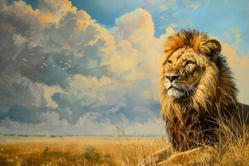 Lion in the African Savanna Under a Dramatic Sky
