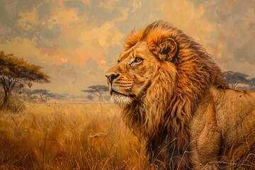 Majestic Lion in the Savannah Sunset