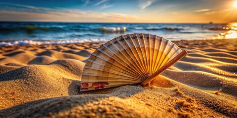 Vibrant summer scene featuring a torn paper fan lying abandoned on sun-kissed sandy beach, evoking a sense of mystery and elegance in its simplicity.