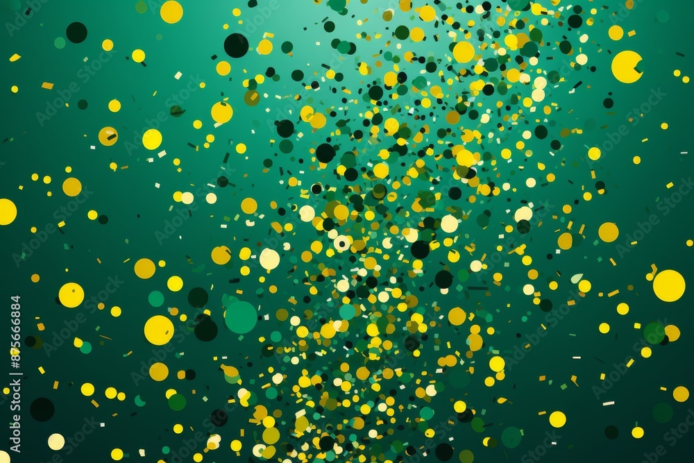 Poster vivid green backdrop with scattered yellow confetti and ample space for adding text