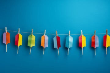 Colorful happy birthday flags hanging on rope against blue background with yellow candy