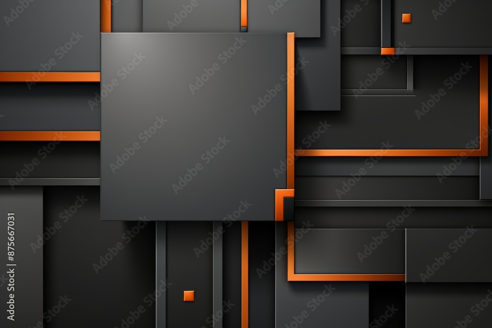Poster geometric abstraction in graphite and bright orange with various shapes and lines