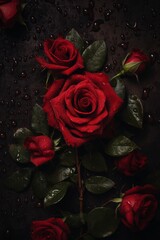 red roses on a black background with water droplets