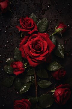 red roses on a black background with water droplets