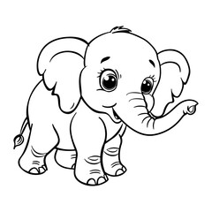 Black and white cartoon drawing of a cute baby elephant with large eyes, big ears, and a raised trunk., Vector 2d illustration.