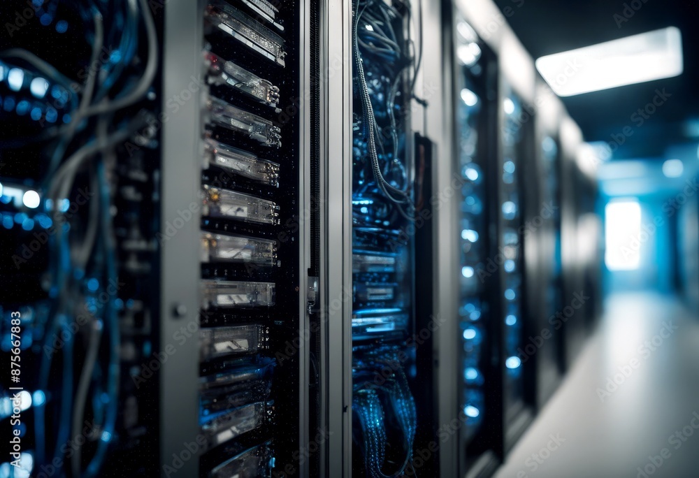Poster servers server cables room infrastructure digital rows network showcasing technology data storage pr