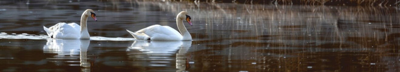 Obraz premium Graceful Swans Gliding in Serene Global Waters, Reflecting Elegance and Tranquility of Their Aquatic Kingdom, Perfect for World Water Day Promotions