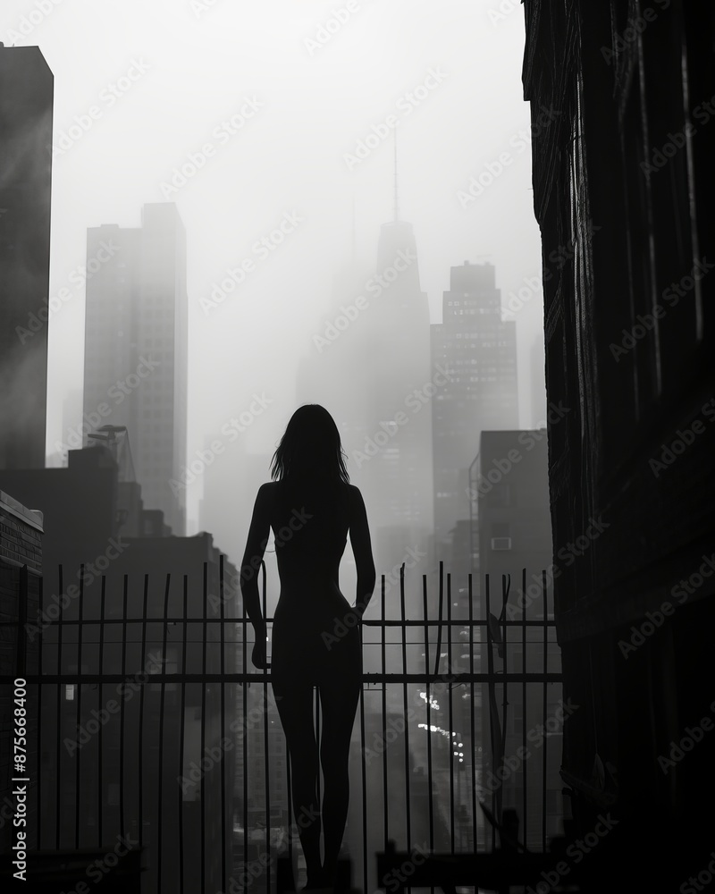 Sticker silhouette of a naked woman standing in front of a city skyline