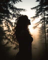 Fototapeta premium silhouette of a woman in a forest at sunset