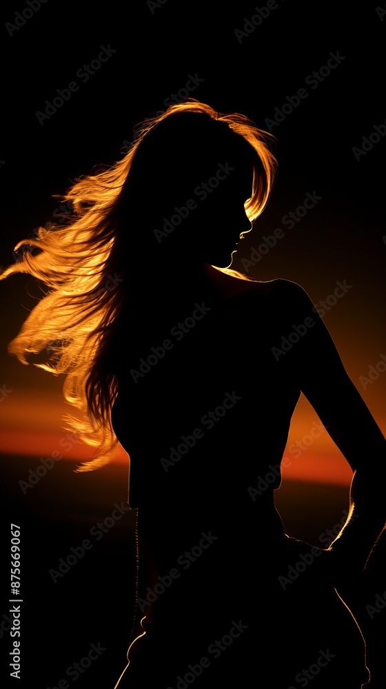 Sticker silhouette of a woman with long hair at sunset