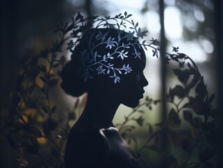 silhouette of a woman with leaves in her hair