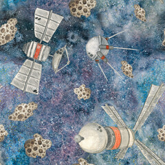 Seamless pattern, outer space in which satellites and meteorites fly. Watercolor illustration drawn by hand. Cosmic, space, satellite, meteorite, universe