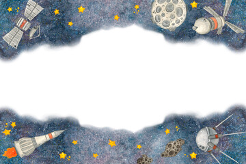 Rocket and satellites fly in outer space among the stars, watercolor composition of the Moon with stars with copy space. Hand drawn children's illustration isolated on white background for children's 
