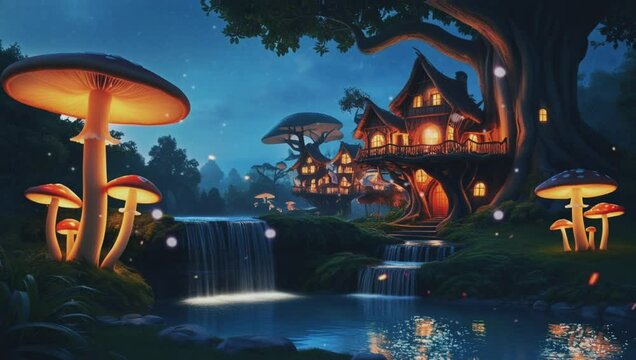 The breathtaking view of the bioluminescent mushroom-surrounded treehouse and the beauty of the waterfall, seamless looping 4k animation video background 