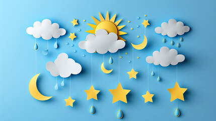 Cute 3D paper cut weather elements for kids on blue background