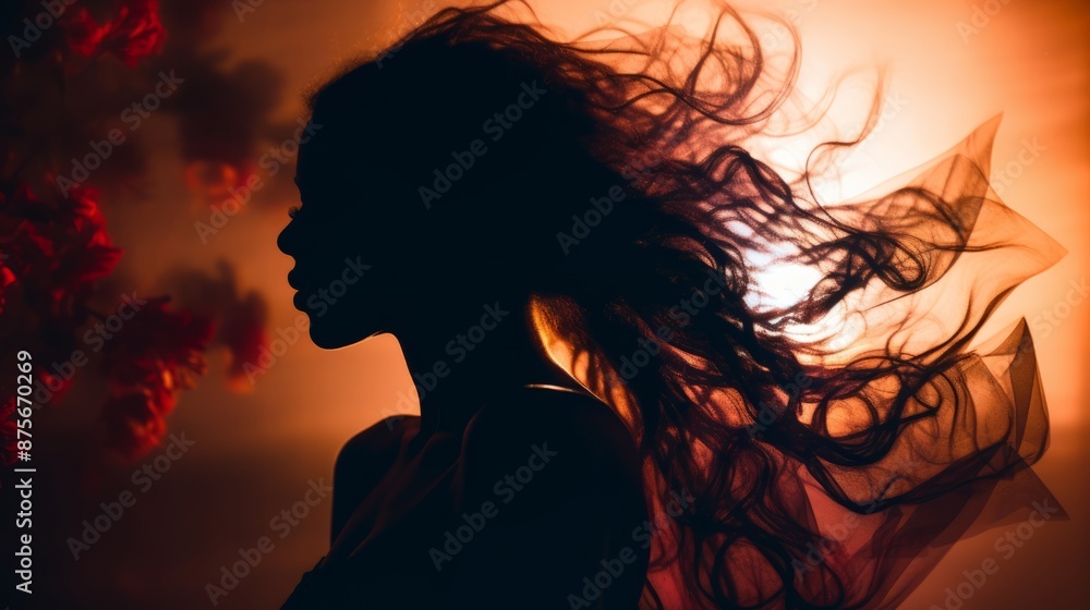 Poster the silhouette of a woman with her hair blowing in the wind