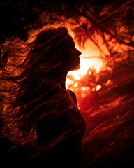 the silhouette of a woman with long hair in the sunset