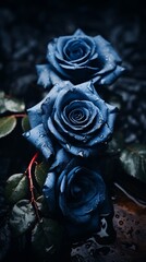 three blue roses on a black background