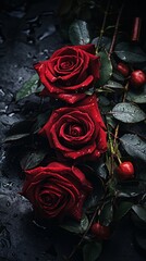 three red roses on a black background with water droplets