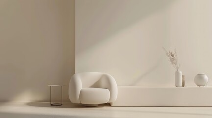 Minimalist Living Room Interior with Sofa and Side Table, Beige Color Palette, Mockup Blank Wall