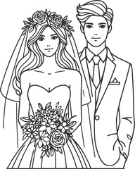 Continuous one line drawing of a wedding couple Vector illustration.
