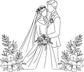 Continuous one line drawing of a wedding couple Vector illustration.