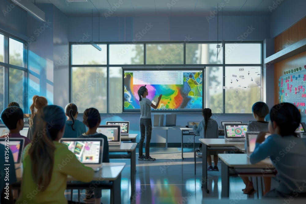 Poster portrait of teacher teaching about ai at digital classroom. multicultural elementary student learnin