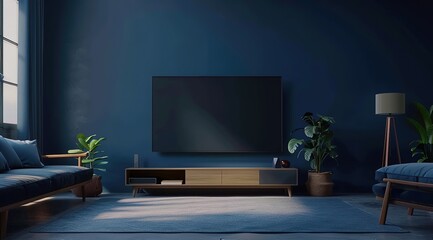 Minimalistic Dark Blue Living Room with Modern Wall-mounted TV and Elegant Design