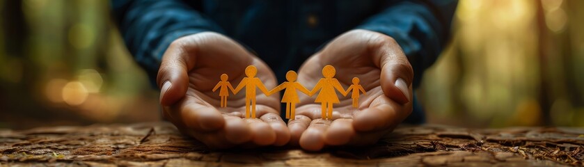 Close-up of two hands holding paper cutout figures representing community, unity, teamwork, and support, set against a natural background.