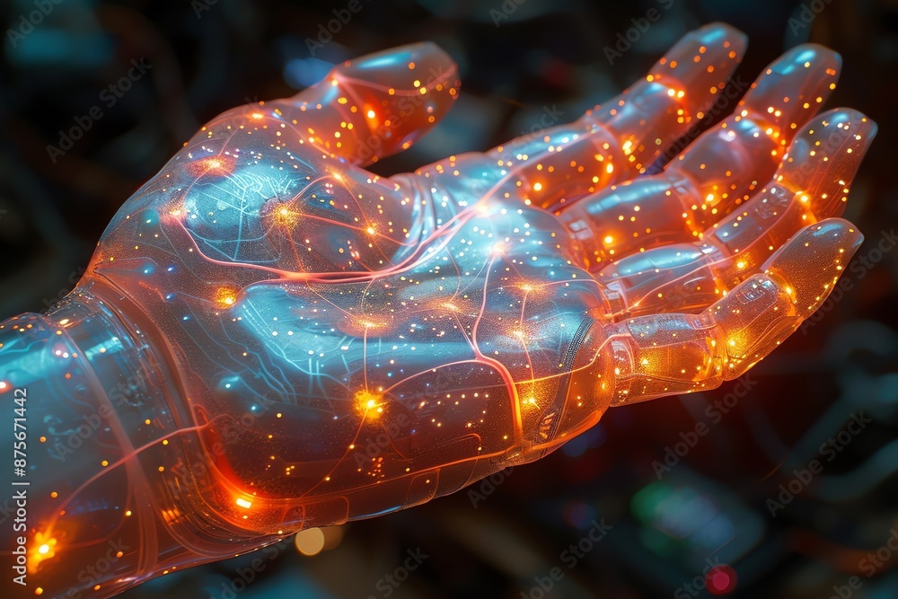 Aufkleber close-up of a robotic hand with glowing lights, showcasing advanced technology and artificial intell