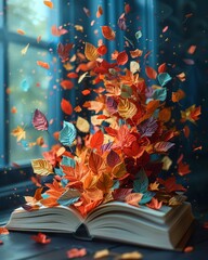 Obraz premium Open book with colorful autumn leaves flying out, creating a magical and imaginative scene near a window.