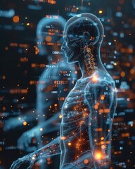 Futuristic digital human anatomy with glowing neural networks and data points, showcasing advanced technology in medicine and science.