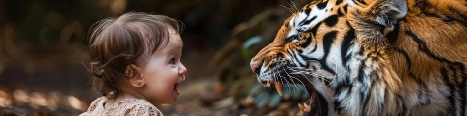 Obraz premium Intense Gaze of a Majestic Tiger Roaring at a Brave Little Girl: A Powerful Illustration of Courage and the Raw Majesty of Wildlife.