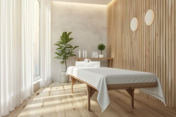 Modern Minimalist Spa Interior with Massage Table and Wooden Wall