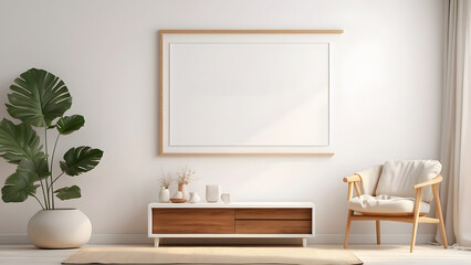 Mockup poster blank frame design, minimalist  wall art mockup with drawer interior design, off-white color theme home decor poster mockup interior design 